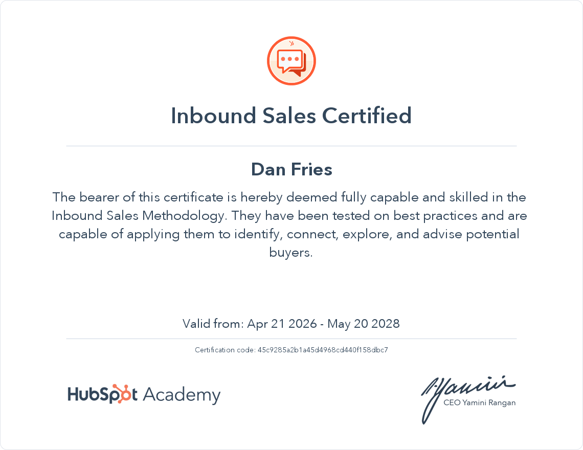 Inbound Sales Certified certificate issued by HubSpot Academy to Dan Fries